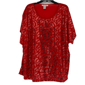 Cathy Daniels Red Sequin Top Blouse Mixed Media Short Dolman Sleeves Size 3X